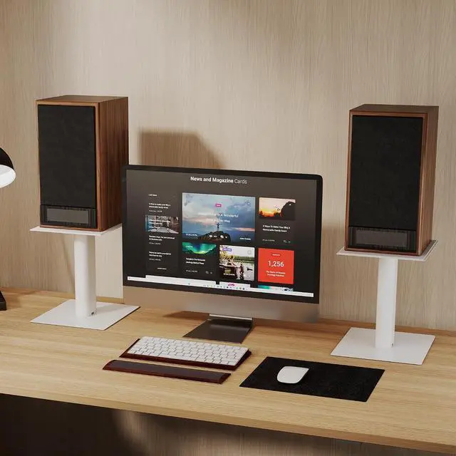 Alt view image 4 of 7 - 9.4 x 8.2" Desktop Speaker Stands Pair for Bookshelf & Desktop Speakers 10" Height Sturdy Base for Studio Monitors, PC, Gaming & Home Audio, White, SDM003LW