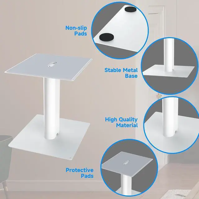 Alt view image 5 of 7 - 9.4 x 8.2" Desktop Speaker Stands Pair for Bookshelf & Desktop Speakers 10" Height Sturdy Base for Studio Monitors, PC, Gaming & Home Audio, White, SDM003LW