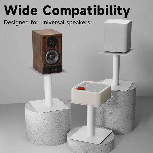 Alt view image 7 of 7 - 9.4 x 8.2" Desktop Speaker Stands Pair for Bookshelf & Desktop Speakers 10" Height Sturdy Base for Studio Monitors, PC, Gaming & Home Audio, White, SDM003LW