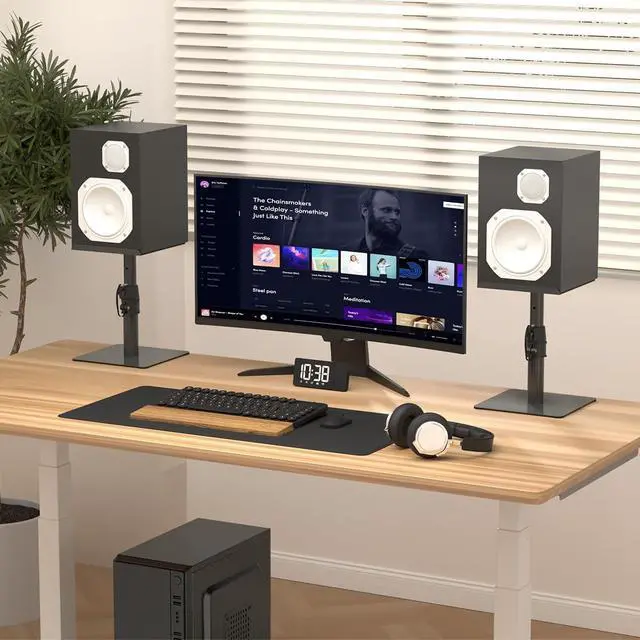 Alt view image 2 of 7 - Free-Standing Speaker Stand Desktop Set, 9.6 x 8.8 inch Trays, Height Adjustment and Tilt, Universal Audio Holders for Computer and Bookshelf Speakers, Elevated Sound, 2 Pack, Black, SDM001T
