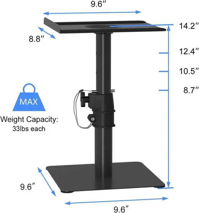 Alt view image 3 of 7 - Free-Standing Speaker Stand Desktop Set, 9.6 x 8.8 inch Trays, Height Adjustment and Tilt, Universal Audio Holders for Computer and Bookshelf Speakers, Elevated Sound, 2 Pack, Black, SDM001T