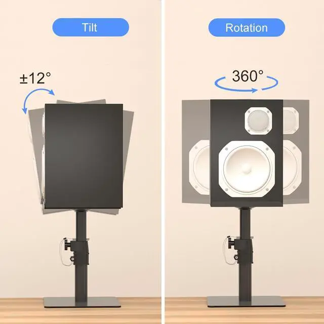 Alt view image 4 of 7 - Free-Standing Speaker Stand Desktop Set, 9.6 x 8.8 inch Trays, Height Adjustment and Tilt, Universal Audio Holders for Computer and Bookshelf Speakers, Elevated Sound, 2 Pack, Black, SDM001T