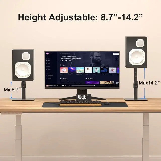 Alt view image 5 of 7 - Free-Standing Speaker Stand Desktop Set, 9.6 x 8.8 inch Trays, Height Adjustment and Tilt, Universal Audio Holders for Computer and Bookshelf Speakers, Elevated Sound, 2 Pack, Black, SDM001T