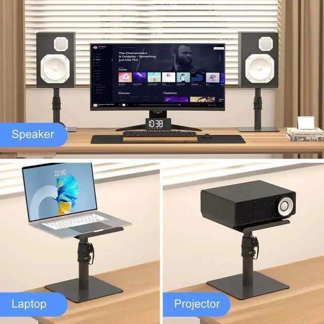 Alt view image 6 of 7 - Free-Standing Speaker Stand Desktop Set, 9.6 x 8.8 inch Trays, Height Adjustment and Tilt, Universal Audio Holders for Computer and Bookshelf Speakers, Elevated Sound, 2 Pack, Black, SDM001T