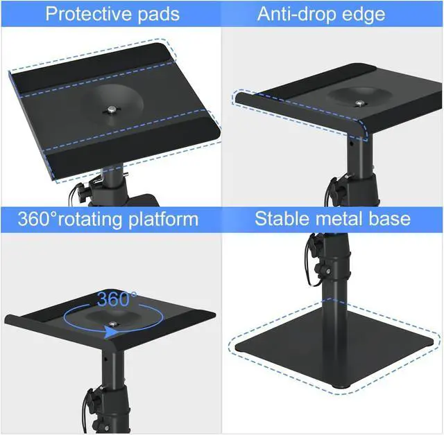 Alt view image 7 of 7 - Free-Standing Speaker Stand Desktop Set, 9.6 x 8.8 inch Trays, Height Adjustment and Tilt, Universal Audio Holders for Computer and Bookshelf Speakers, Elevated Sound, 2 Pack, Black, SDM001T