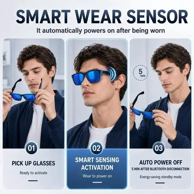 Alt view image 5 of 7 - Smart BT Glasses Men, Open-Ear Audio, 8H Playtime, Mic & Speakers