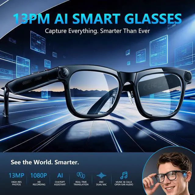 Alt view image 2 of 7 - AI Smart Glasses,13MP Camera, 20H Battery, ChatGPT Translations