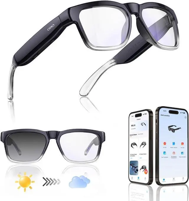 Main image of OHO Smart AI Glasses with Bluetooth Audio, Hands-Free Calling, High-Impact 2.0mm Photochromic Blue Light Blocking PC Lenses
