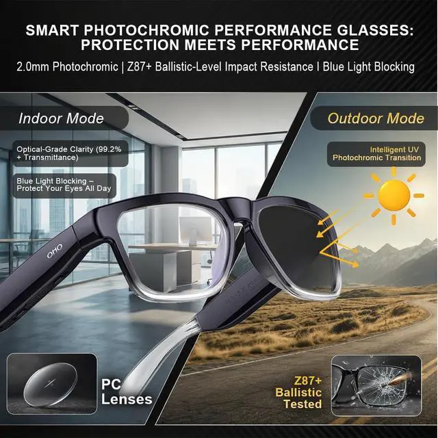 Alt view image 6 of 7 - OHO Smart AI Glasses with Bluetooth Audio, Hands-Free Calling, High-Impact 2.0mm Photochromic Blue Light Blocking PC Lenses