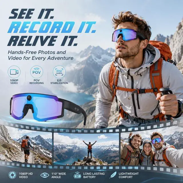 Alt view image 3 of 7 - AI Smart Glasses with Camera, 1080P Video Recording Sunglasses, ChatGPT Voice Assistant, Dual Mic ENC & Bone Conduction Open-Ear Audio, 139 Languages Translation for Cycling Travel, 300mAh