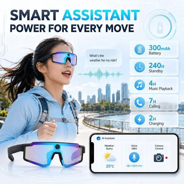 Alt view image 4 of 7 - AI Smart Glasses with Camera, 1080P Video Recording Sunglasses, ChatGPT Voice Assistant, Dual Mic ENC & Bone Conduction Open-Ear Audio, 139 Languages Translation for Cycling Travel, 300mAh