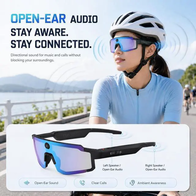 Alt view image 5 of 7 - AI Smart Glasses with Camera, 1080P Video Recording Sunglasses, ChatGPT Voice Assistant, Dual Mic ENC & Bone Conduction Open-Ear Audio, 139 Languages Translation for Cycling Travel, 300mAh