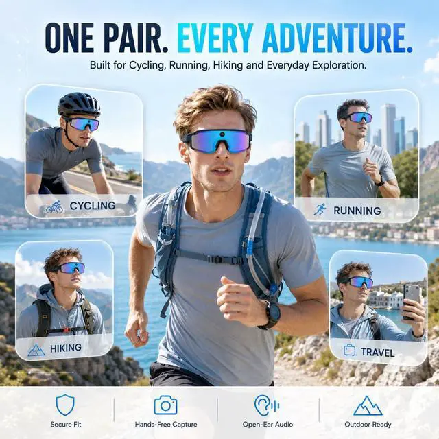 Alt view image 6 of 7 - AI Smart Glasses with Camera, 1080P Video Recording Sunglasses, ChatGPT Voice Assistant, Dual Mic ENC & Bone Conduction Open-Ear Audio, 139 Languages Translation for Cycling Travel, 300mAh