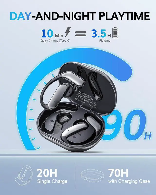Alt view image 6 of 7 - Ultra Open Ear Headphones with Hooks 2026 Ear Buds Wireless Bluetooth Earbuds 6.1 AI Translation Earbuds Real Time 90H Playtime Over the Ear Earbuds for Running Workout Cycling (Black)