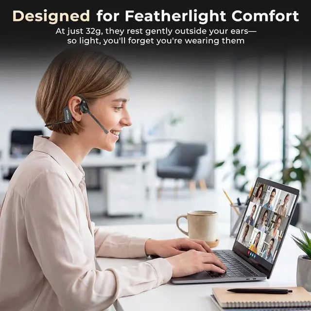 Alt view image 2 of 7 - Air Conduction Open Ear Headphones with Mic, AI Noise Cancelling Bluetooth Headset, Dual Connect Wireless Headphones with Mute Button, 32g Lightweight for Work, Driving, Workout, Calls Black