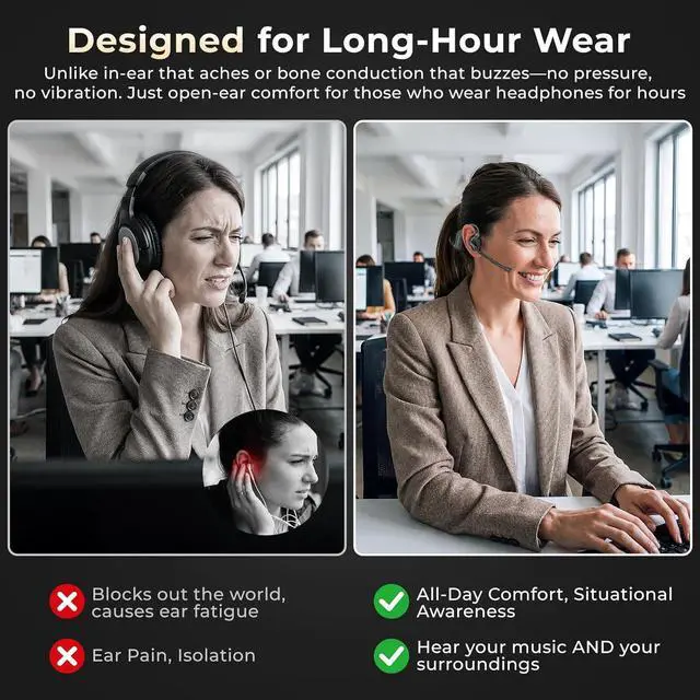 Alt view image 3 of 7 - Air Conduction Open Ear Headphones with Mic, AI Noise Cancelling Bluetooth Headset, Dual Connect Wireless Headphones with Mute Button, 32g Lightweight for Work, Driving, Workout, Calls Black
