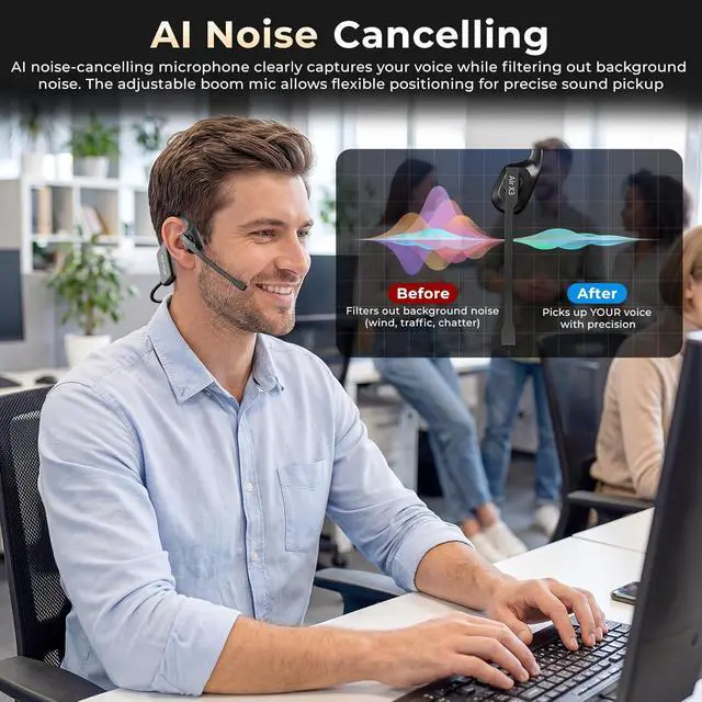 Alt view image 5 of 7 - Air Conduction Open Ear Headphones with Mic, AI Noise Cancelling Bluetooth Headset, Dual Connect Wireless Headphones with Mute Button, 32g Lightweight for Work, Driving, Workout, Calls Black