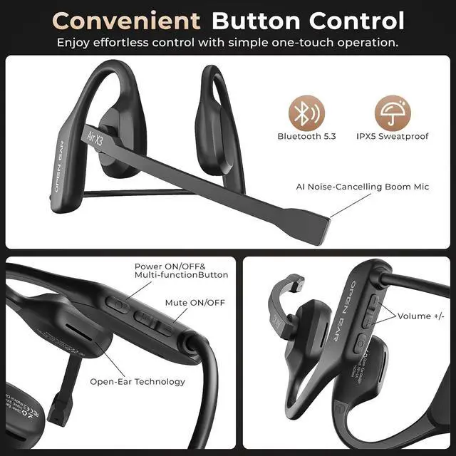 Alt view image 7 of 7 - Air Conduction Open Ear Headphones with Mic, AI Noise Cancelling Bluetooth Headset, Dual Connect Wireless Headphones with Mute Button, 32g Lightweight for Work, Driving, Workout, Calls Black
