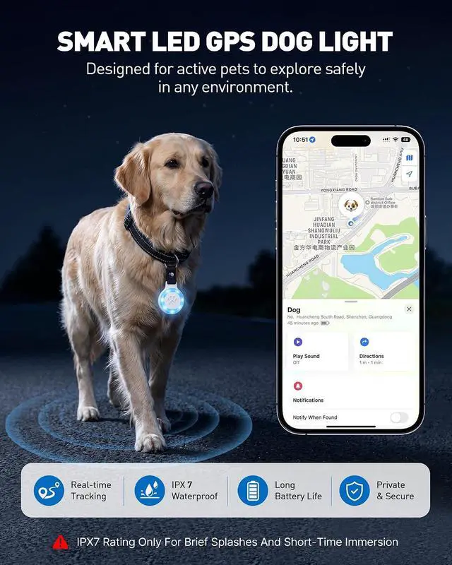 Alt view image 2 of 7 - Pet Tracker for Dogs Cats, Location & LED Night Light Tag, No Monthly Fee
