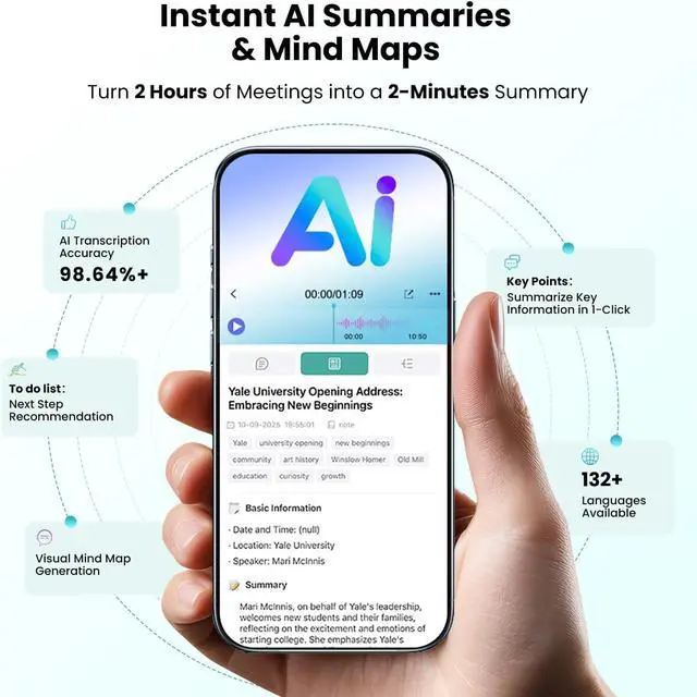 Alt view image 2 of 7 - AI Voice Recorder, AI Transcription & Summary, APP Control AI Note Taking Device Supports 132+ Languages, 100H 64GB Memory, Magnetic Audio Recorder for Lectures, Learning, Meetings, Calls, Black