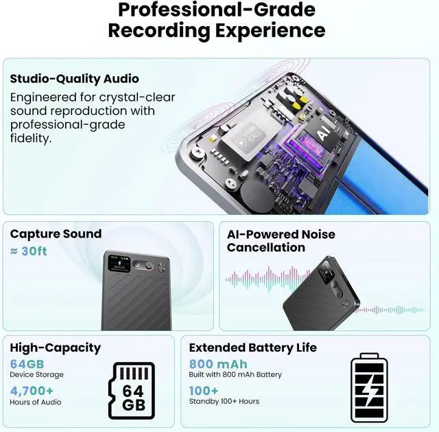 Alt view image 3 of 7 - AI Voice Recorder, AI Transcription & Summary, APP Control AI Note Taking Device Supports 132+ Languages, 100H 64GB Memory, Magnetic Audio Recorder for Lectures, Learning, Meetings, Calls, Black