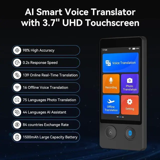 Alt view image 2 of 7 - W12 Language Translator Device, 2026 Upgraded AI Translator No WiFi Needed Support ChatGPT, 140+ Languages Instant Translator Support Offline/Recording/Photo Translation for Travel Business