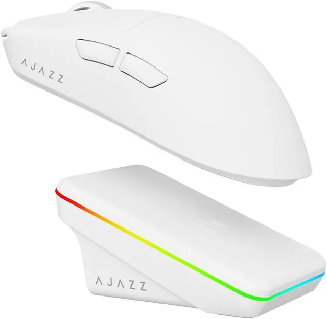 Main image of AJ200 Wireless Mouse, Tri-Mode (2.4G/Bluetooth/Wired) with Voice AI Assistant, 63g Lightweight Skeleton Structure, PAW3311 24000 DPI, 1K Polling Rate, 500mAh Battery, RGB Magnetic Charging Base, White