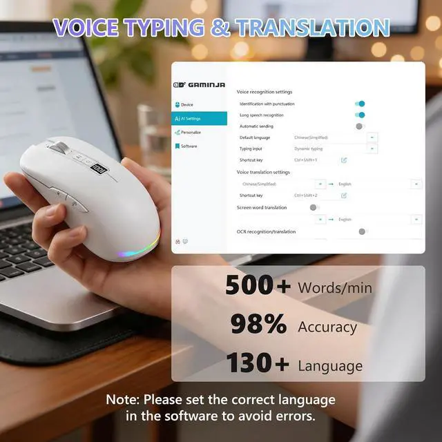 Alt view image 4 of 7 - Ai Mouse with Voice Typing,Smart Voice Typing Mouse Multi Language Ai Voice Mouse Ergonomic Wireless BT Mouse 600mAH for Computer,PC,Laptop,2026 Upgraded (White)