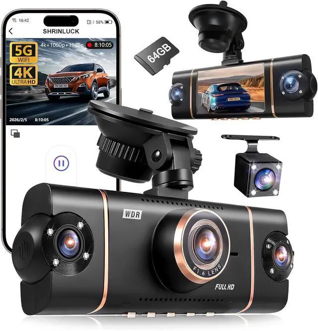 Main image of 4 Channel Dash Cam 360° View Front Rear Inside & Left Right,4K+1080P*3 FHD Car Camera,5G WiFi & APP Control,8 IR Lamps Night Vision, G-Sensor, 24H Parking Mode, with a Free 64GB SD Card
