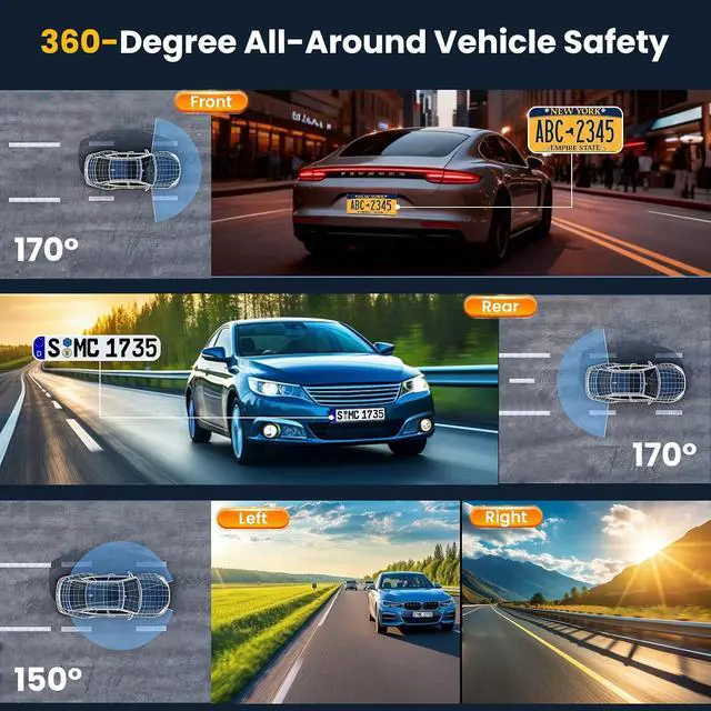 Alt view image 5 of 7 - 4 Channel Dash Cam 360° View Front Rear Inside & Left Right,4K+1080P*3 FHD Car Camera,5G WiFi & APP Control,8 IR Lamps Night Vision, G-Sensor, 24H Parking Mode, with a Free 64GB SD Card