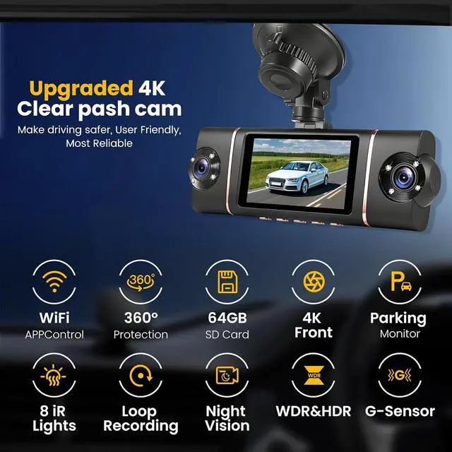 Alt view image 7 of 7 - 4 Channel Dash Cam 360° View Front Rear Inside & Left Right,4K+1080P*3 FHD Car Camera,5G WiFi & APP Control,8 IR Lamps Night Vision, G-Sensor, 24H Parking Mode, with a Free 64GB SD Card