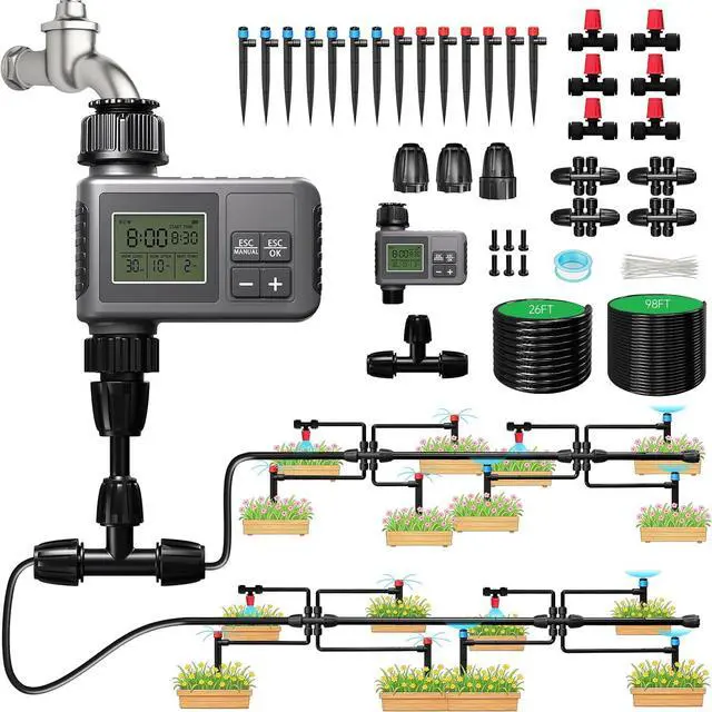 Main image of 124FT Drip Irrigation System with LCD Timer, Automatic Watering System Kits,5/16 Inch Hose 1/4 Inch Distribution Tubing 3 Sprayer Types, for Garden, Greenhouse, Garden, Lawn