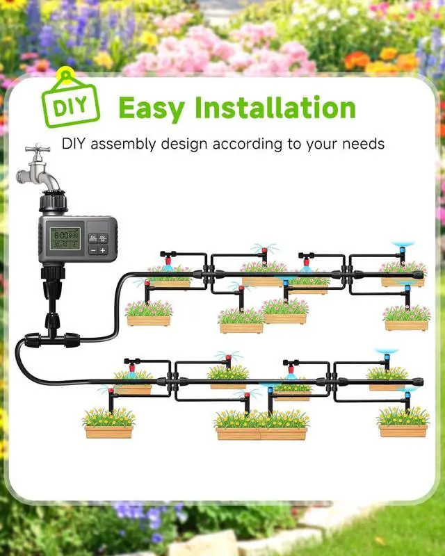 Alt view image 5 of 7 - 124FT Drip Irrigation System with LCD Timer, Automatic Watering System Kits,5/16 Inch Hose 1/4 Inch Distribution Tubing 3 Sprayer Types, for Garden, Greenhouse, Garden, Lawn