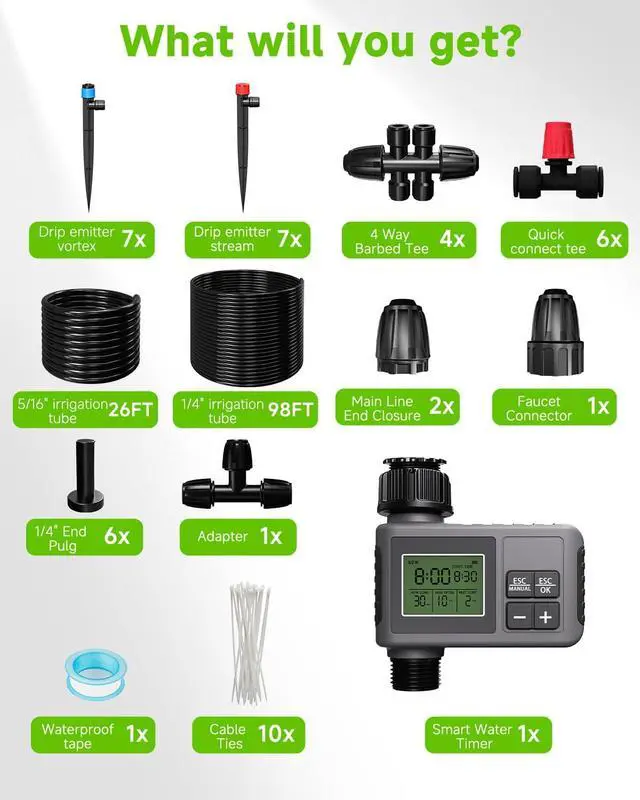 Alt view image 6 of 7 - 124FT Drip Irrigation System with LCD Timer, Automatic Watering System Kits,5/16 Inch Hose 1/4 Inch Distribution Tubing 3 Sprayer Types, for Garden, Greenhouse, Garden, Lawn