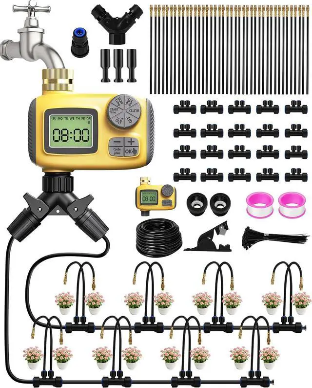 Main image of 66FT Drip Irrigation System with Timer, Automatic Watering System Kit with Solid Brass Metal Connectors, 360° DualOutlet Adjustable Nozzles for Garden, Yard, Lawn, Greenhouse & Potted Plants
