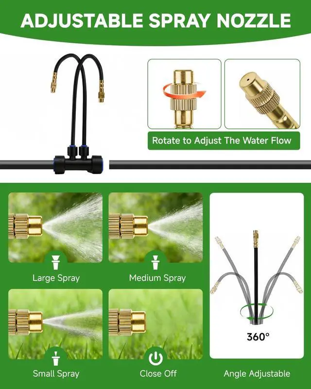 Alt view image 4 of 7 - 66FT Drip Irrigation System with Timer, Automatic Watering System Kit with Solid Brass Metal Connectors, 360° DualOutlet Adjustable Nozzles for Garden, Yard, Lawn, Greenhouse & Potted Plants
