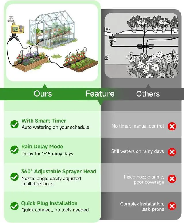 Alt view image 3 of 7 - 66FT Drip Irrigation System with Timer, Automatic Watering System Kit with Solid Brass Metal Connectors, 360° DualOutlet Adjustable Nozzles for Garden, Yard, Lawn, Greenhouse & Potted Plants