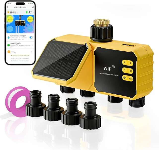 Main image of 4-Zone Solar WiFi Sprinkler Timer for Garden Hose 4 Outlets with Rain Delay/Automatic/Manual Watering for Lawn & Yard, APP Remote Voice Control via 2.4GHz WiFi, No Hub Needed