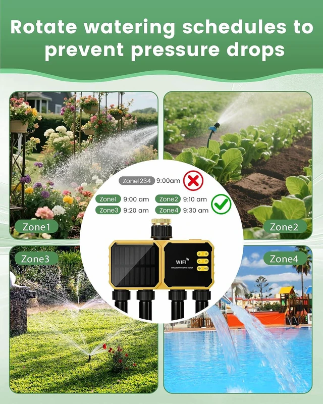 Alt view image 2 of 7 - 4-Zone Solar WiFi Sprinkler Timer for Garden Hose 4 Outlets with Rain Delay/Automatic/Manual Watering for Lawn & Yard, APP Remote Voice Control via 2.4GHz WiFi, No Hub Needed
