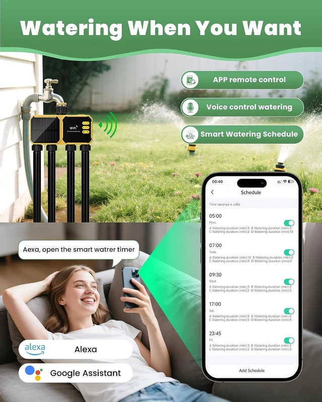 Alt view image 4 of 7 - 4-Zone Solar WiFi Sprinkler Timer for Garden Hose 4 Outlets with Rain Delay/Automatic/Manual Watering for Lawn & Yard, APP Remote Voice Control via 2.4GHz WiFi, No Hub Needed