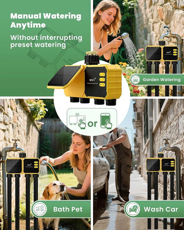 Alt view image 6 of 7 - 4-Zone Solar WiFi Sprinkler Timer for Garden Hose 4 Outlets with Rain Delay/Automatic/Manual Watering for Lawn & Yard, APP Remote Voice Control via 2.4GHz WiFi, No Hub Needed