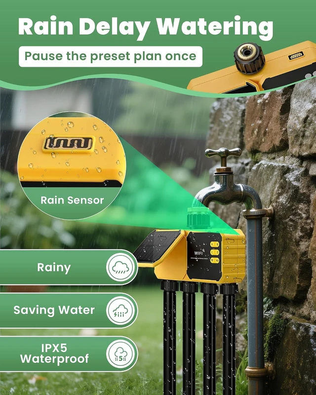 Alt view image 7 of 7 - 4-Zone Solar WiFi Sprinkler Timer for Garden Hose 4 Outlets with Rain Delay/Automatic/Manual Watering for Lawn & Yard, APP Remote Voice Control via 2.4GHz WiFi, No Hub Needed