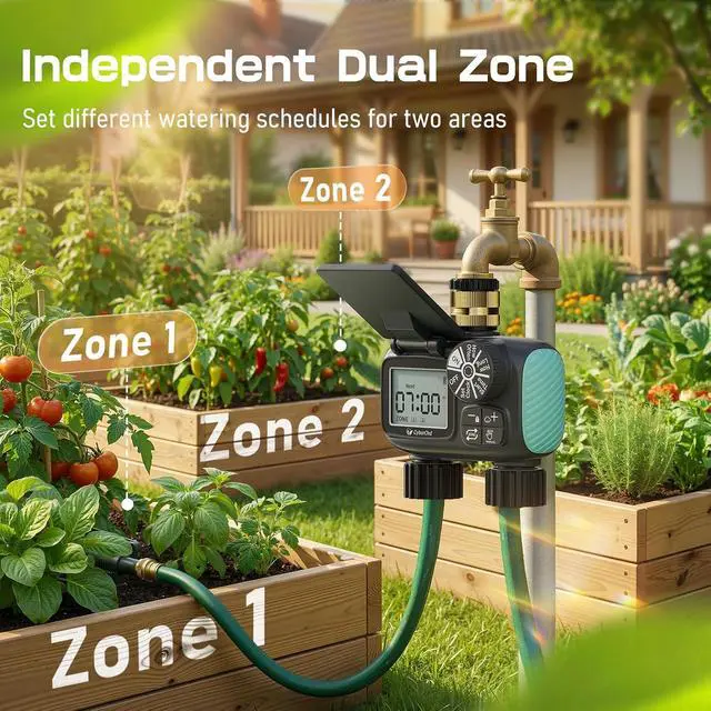 Alt view image 4 of 7 - 2 Zone Solar Water Timer, Hose Timer with Solar Charging