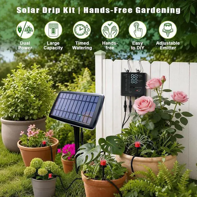 Alt view image 2 of 7 - Solar Irrigation System for Garden, Solar Drip Irrigation System Automatic Drip Irrigation Kits with Irrigation Timer, Solar Powered Garden Watering System for Balcony, Vacation Plant Care