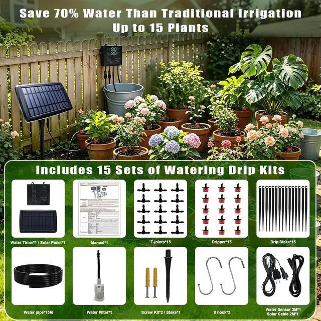 Alt view image 3 of 7 - Solar Irrigation System for Garden, Solar Drip Irrigation System Automatic Drip Irrigation Kits with Irrigation Timer, Solar Powered Garden Watering System for Balcony, Vacation Plant Care