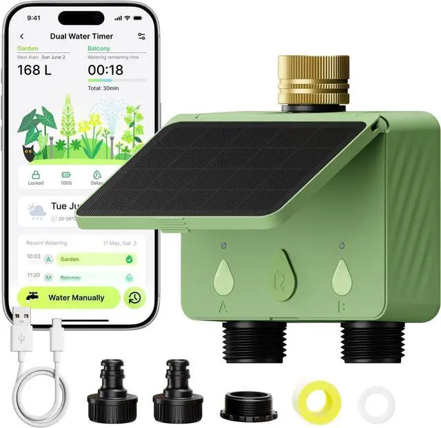 Main image of Solar WiFi Water Timer for Garden Hose, 2-Zone Sprinkler Controller with Flow Meter, Smart Irrigation System with Rain Delay, Brass Inlet, APP & Voice Control, No Hub Required