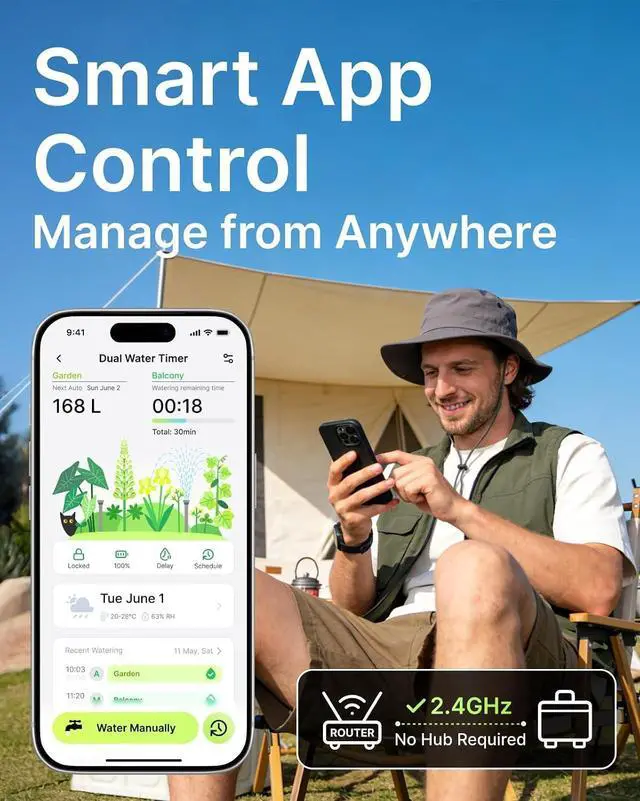 Alt view image 2 of 6 - Solar WiFi Water Timer for Garden Hose, 2-Zone Sprinkler Controller with Flow Meter, Smart Irrigation System with Rain Delay, Brass Inlet, APP & Voice Control, No Hub Required