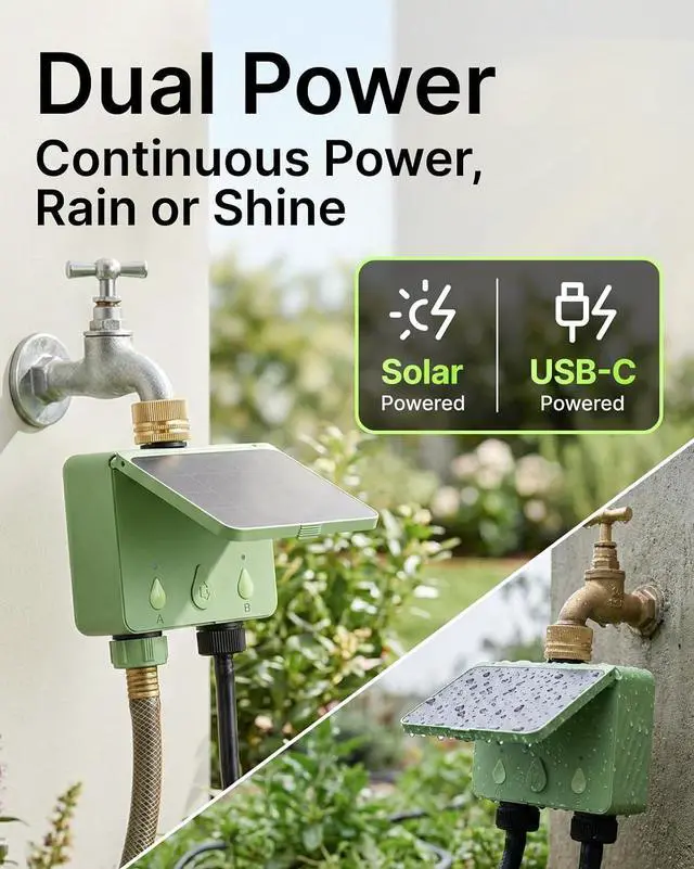 Alt view image 4 of 6 - Solar WiFi Water Timer for Garden Hose, 2-Zone Sprinkler Controller with Flow Meter, Smart Irrigation System with Rain Delay, Brass Inlet, APP & Voice Control, No Hub Required