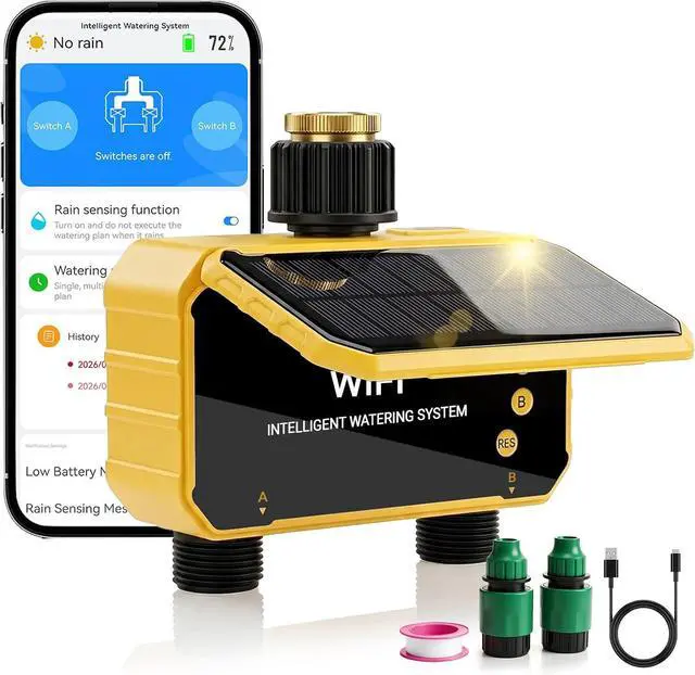 Main image of Sprinkler Timer, Solar WiFi Water Timer for Garden Hose, 2 Zone Water Sprinkler with Rain Sensor and Manual Mode via APP/Voice Control, Automatic Irrigation Control System for Lawns, Yard and Pool