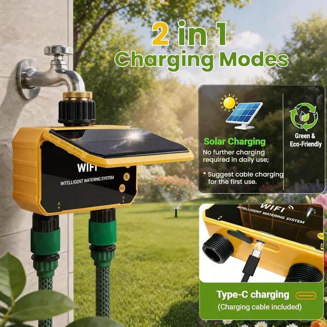 Alt view image 2 of 7 - Sprinkler Timer, Solar WiFi Water Timer for Garden Hose, 2 Zone Water Sprinkler with Rain Sensor and Manual Mode via APP/Voice Control, Automatic Irrigation Control System for Lawns, Yard and Pool